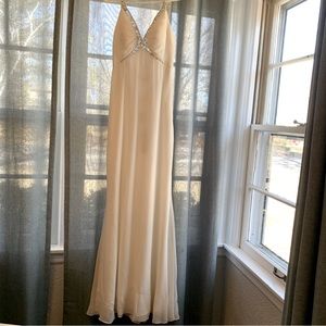 White and sequin ruffle formal dress